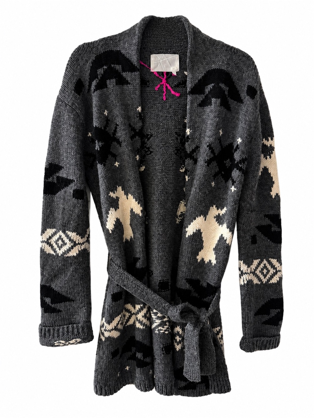 291 Venice Alpaca Wool Aztec Bird Shawl Belted Cardigan Sweater size M-L